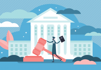 Cartoon image of a courthouse with an oversized gavel and a judge in front